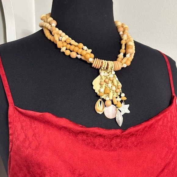 ASSEMBLAGE ART Necklace Beach Shells & Wooden Beads Multi Strand dangles 5348 O - Picture 10 of 12